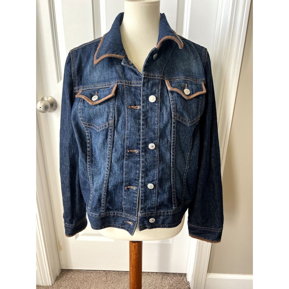 Liz Claiborne Women's Button Up Denim Jacket with Brown Accents - Size L